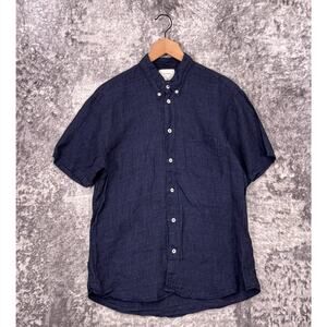 Billy Reid Shirt Large Mens Standard Fit Indigo Blue Linen Short Sleeve Italy